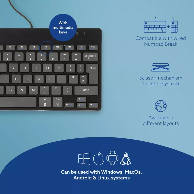 R-Go Tools teclado ergonómico R-Go Compact Break, teclado compacto con software de pausas, QWERTY (UK), con cable, negro