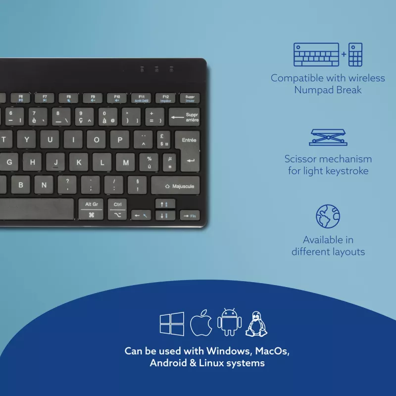 Teclado ergonómico R-Go Tools R-Go Compact Break, teclado compacto con software de pausas, AZERTY (FR), Bluetooth, negro