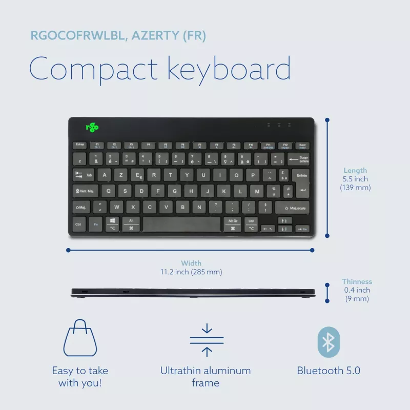 Teclado ergonómico R-Go Tools R-Go Compact Break, teclado compacto con software de pausas, AZERTY (FR), Bluetooth, negro
