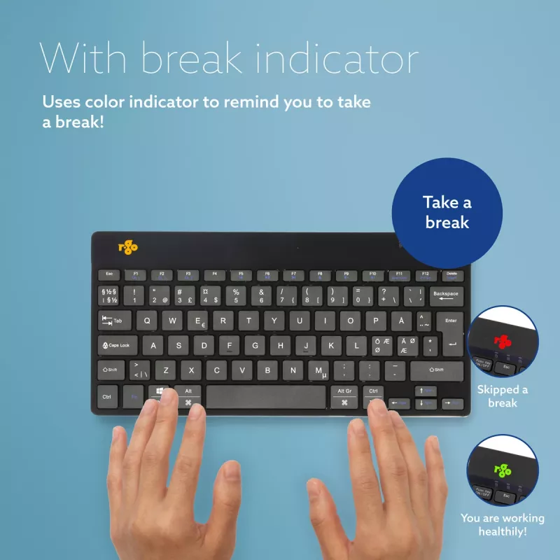 R-Go Tools teclado ergonómico R-Go Compact Break, teclado compacto con software Break, QWERTY (NORDIC), Bluetooth, negro