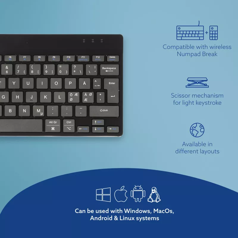R-Go Tools teclado ergonómico R-Go Compact Break, teclado compacto con software Break, QWERTY (NORDIC), Bluetooth, negro