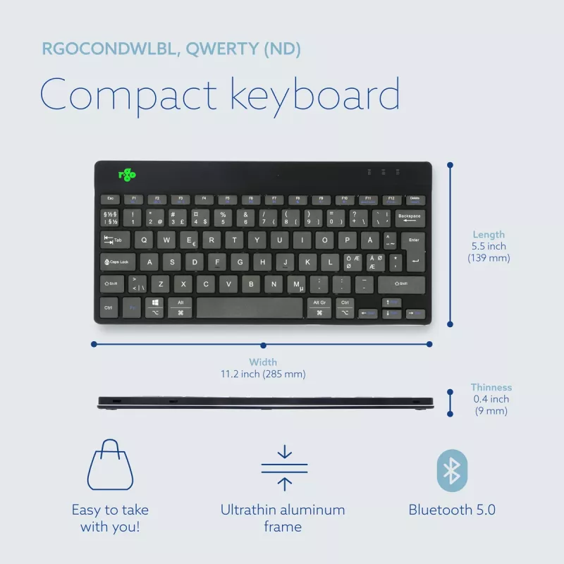 R-Go Tools teclado ergonómico R-Go Compact Break, teclado compacto con software Break, QWERTY (NORDIC), Bluetooth, negro