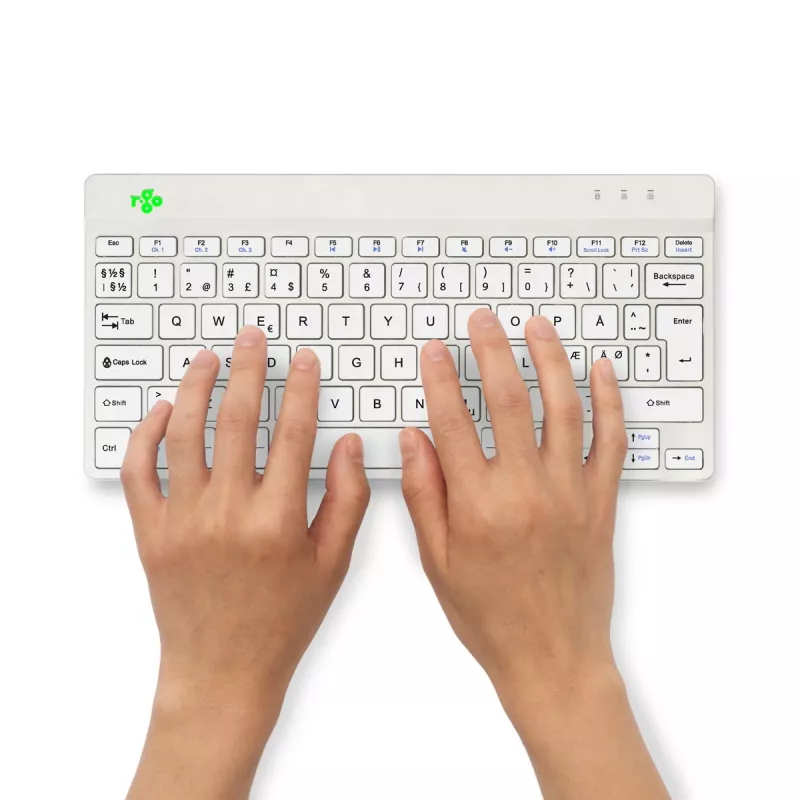 R-Go Tools teclado ergonómico R-Go Compact Break, teclado compacto con software de pausas, QWERTY (NORDIC), Bluetooth, blanco