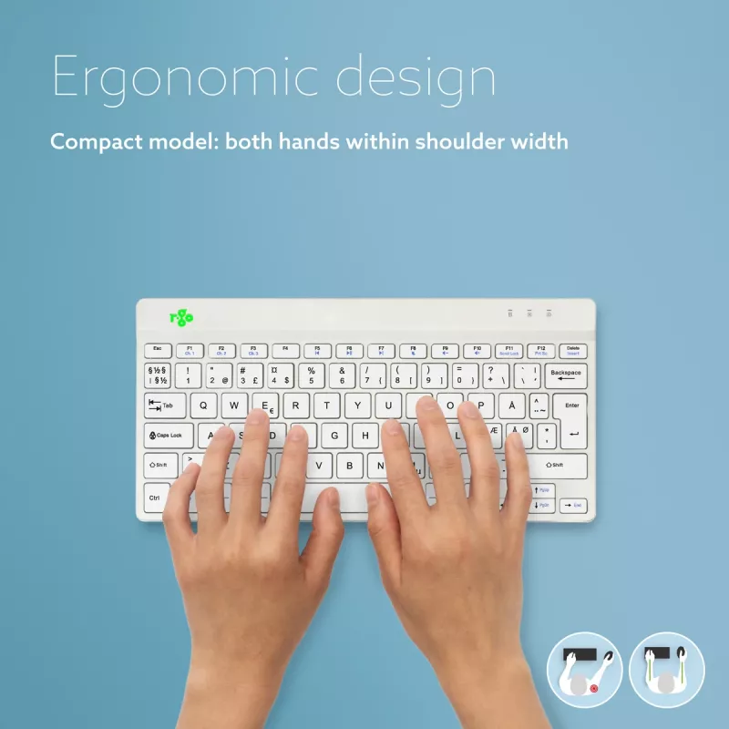 R-Go Tools teclado ergonómico R-Go Compact Break, teclado compacto con software de pausas, QWERTY (NORDIC), Bluetooth, blanco