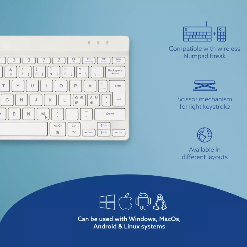 R-Go Tools teclado ergonómico R-Go Compact Break, teclado compacto con software de pausas, QWERTY (NORDIC), Bluetooth, blanco