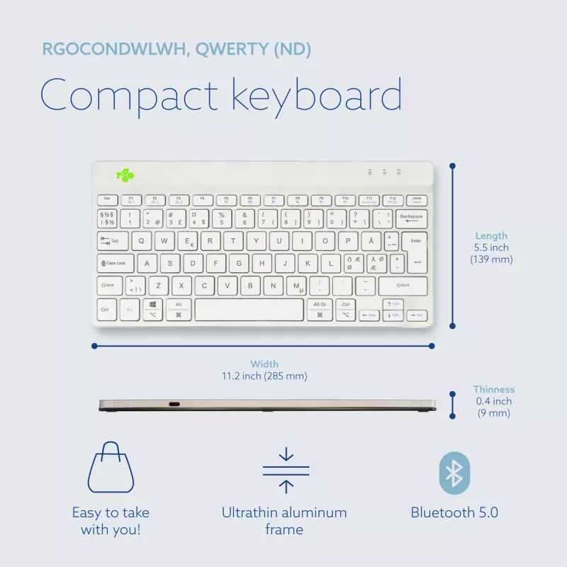 R-Go Tools teclado ergonómico R-Go Compact Break, teclado compacto con software de pausas, QWERTY (NORDIC), Bluetooth, blanco