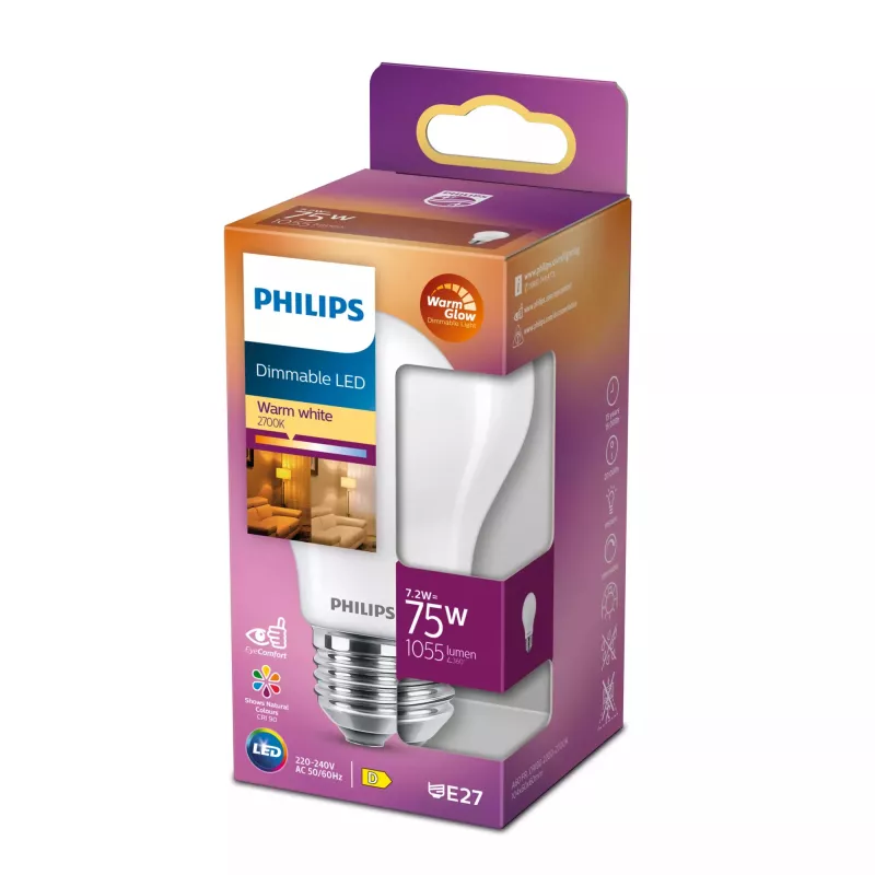 Bombilla LED filament Philips mate 75 W A60 E27, 7,2 W, 75 W, E27, 1055 lm, 15000 h, Warm Glow