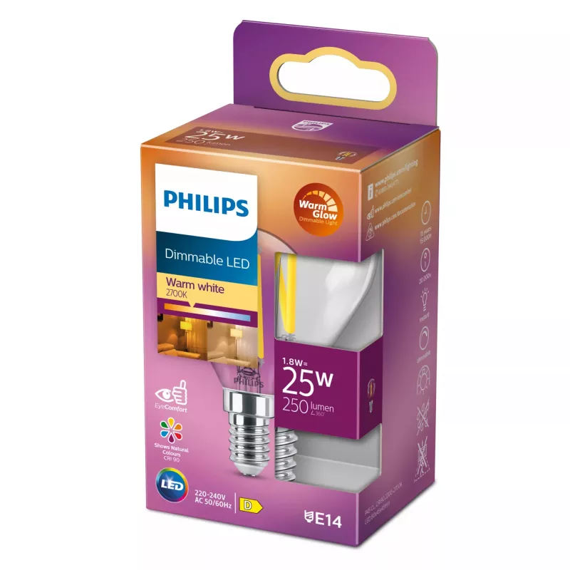 Philips Filament Candle Clear 25W P45 E14, 2,5 W, 25 W, E14, 340 lm, 15000 h, Warm Glow