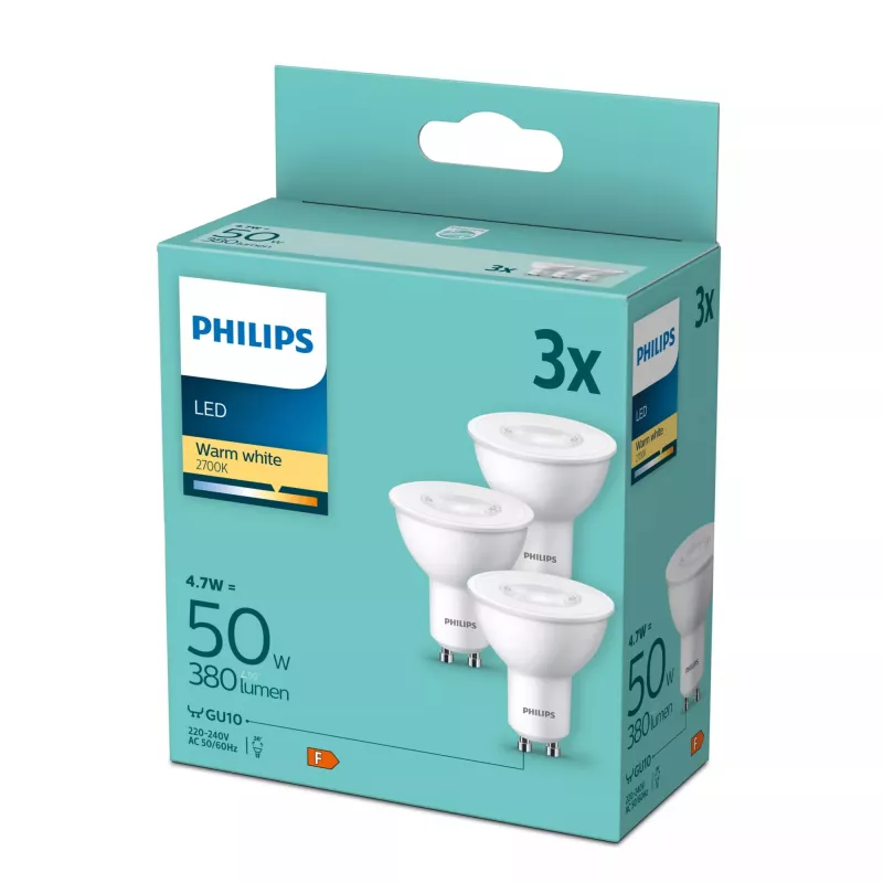 Philips Spot 50W PAR16 GU10 x3 4,7W blanco cálido 380lm 15000h
