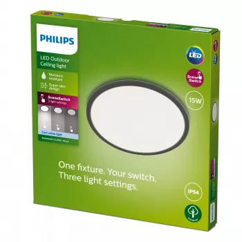 Plafón Philips SuperSlim 15W LED, 4000K, IP54, 250×250 mm, negro/blanco