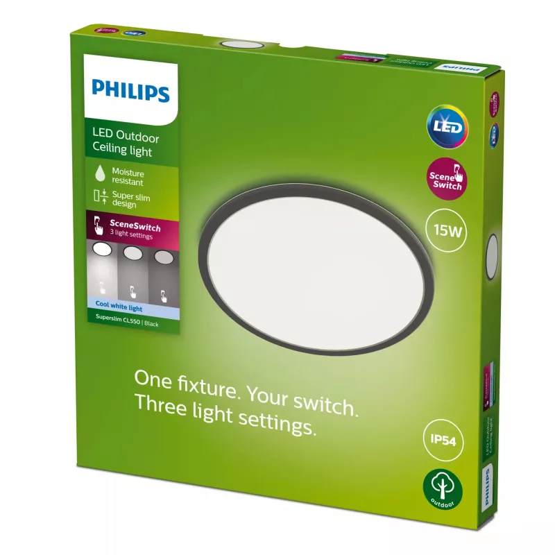 Plafón Philips SuperSlim 15W LED, 4000K, IP54, 250×250 mm, negro/blanco