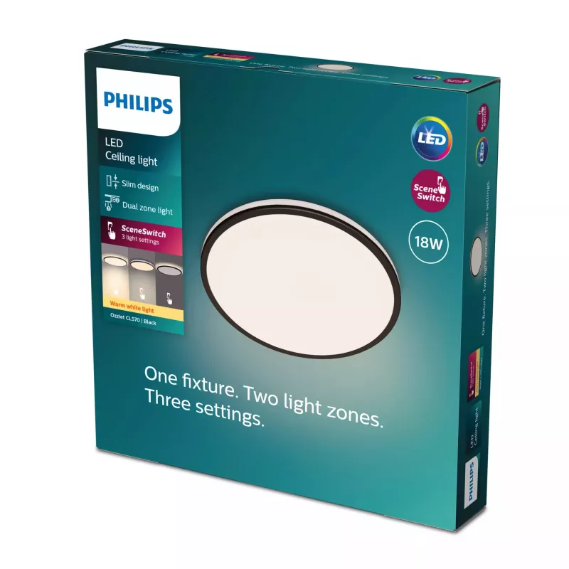 Plafón Philips Functional Ozziet 18 W LED, redondo, negro, bombillas integradas fijas, 220–240 V