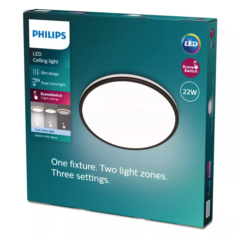 Plafón Signify Philips Functional Ozziet, LED 22 W, redondo 400 mm, negro, bombilla no reemplazable