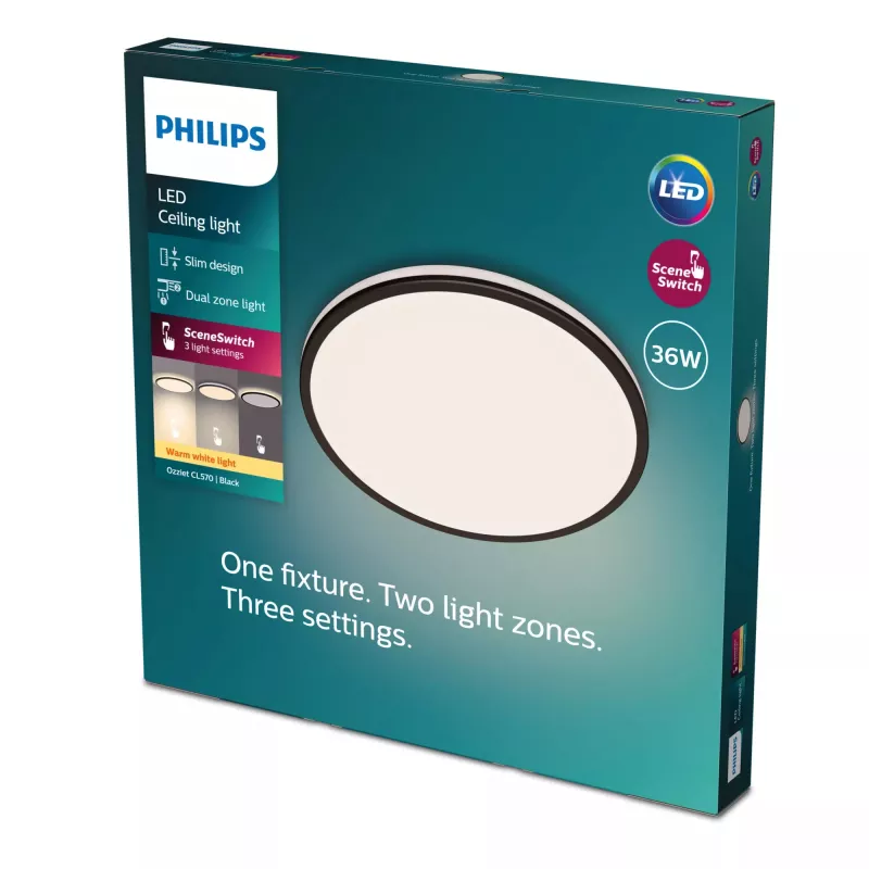 Plafón Philips Ozziet 36 W LED, redondo 500×55 mm, negro, módulo LED no reemplazable