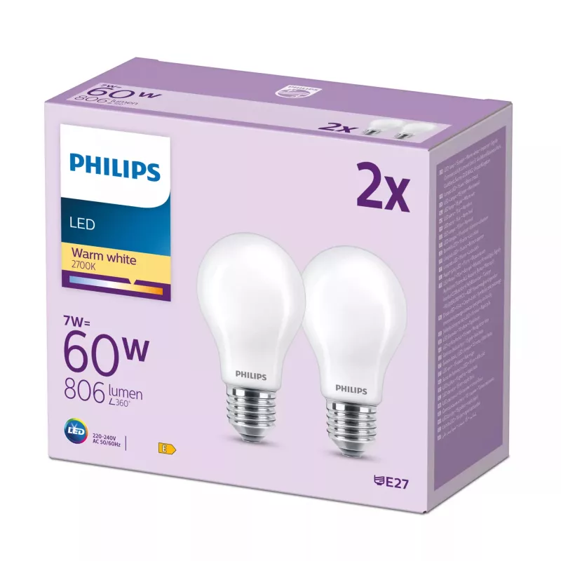 Bombilla Philips Filament mate 60W A60 E27 pack de 2, 7 W, 60 W, E27, 806 lm, 15000 h, blanco cálido