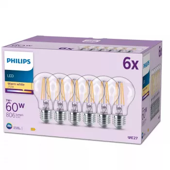 Bombilla Philips Filament Frosted 60W A60 E27 x6, 7 W, 60 W, E27, 806 lm, 15000 h, blanco cálido