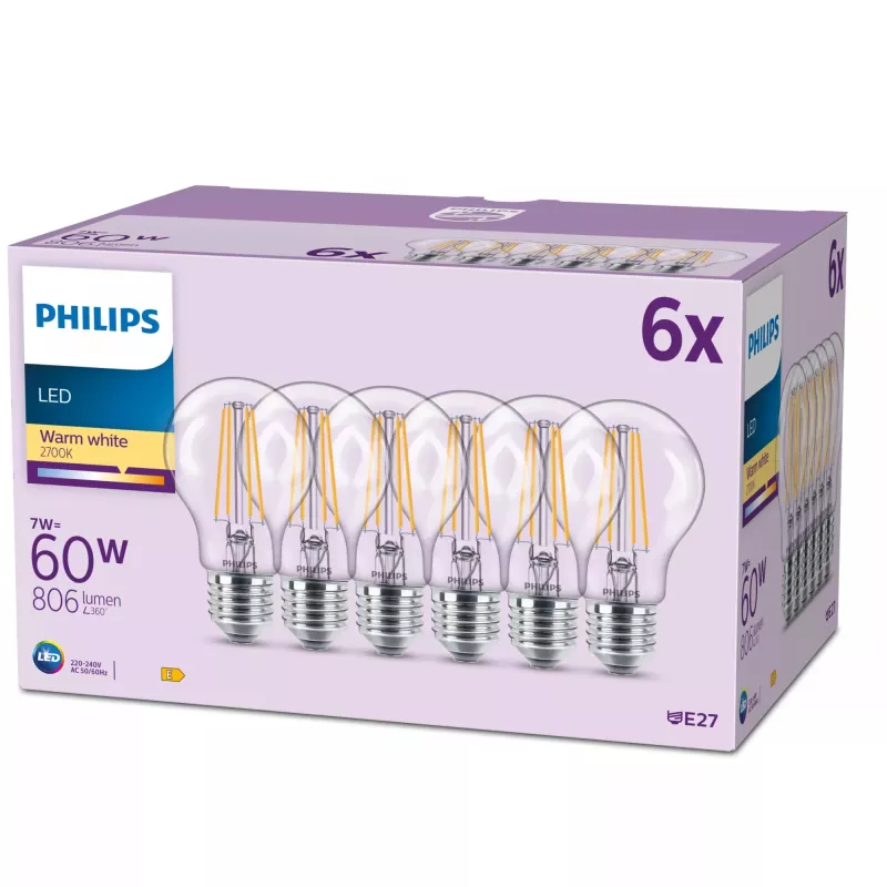 Bombilla Philips Filament Frosted 60W A60 E27 x6, 7 W, 60 W, E27, 806 lm, 15000 h, blanco cálido