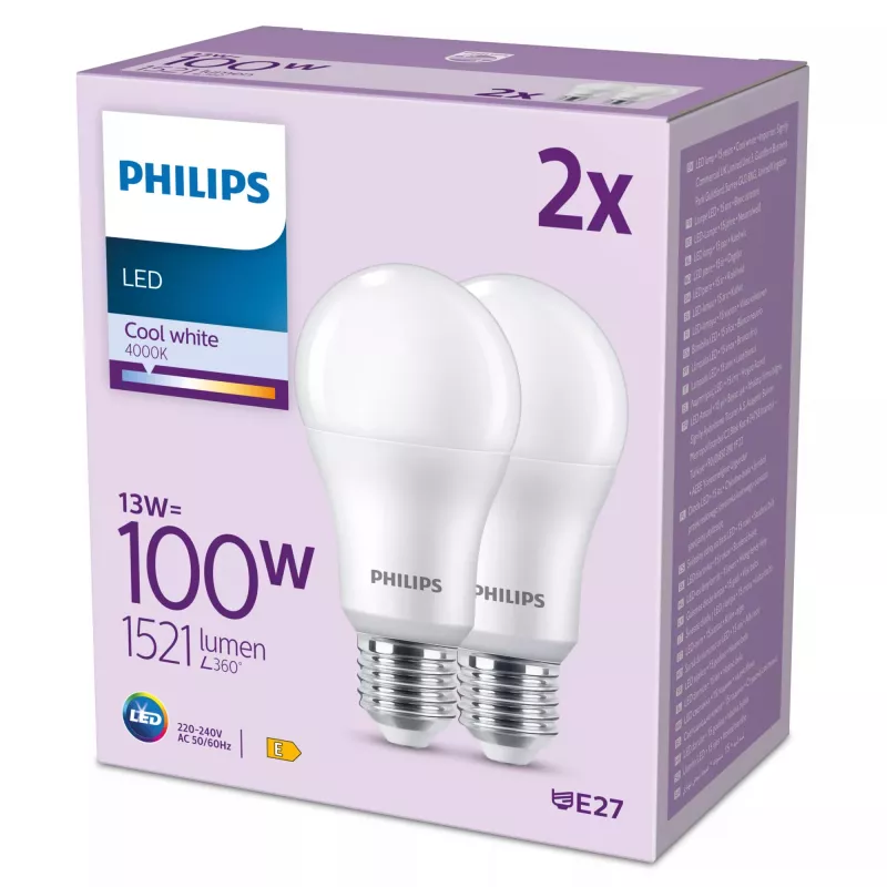 Bombilla Philips 100W A67 E27 x2, 13 W, 100 W, E27, 1521 lm, 15000 h, blanco frío