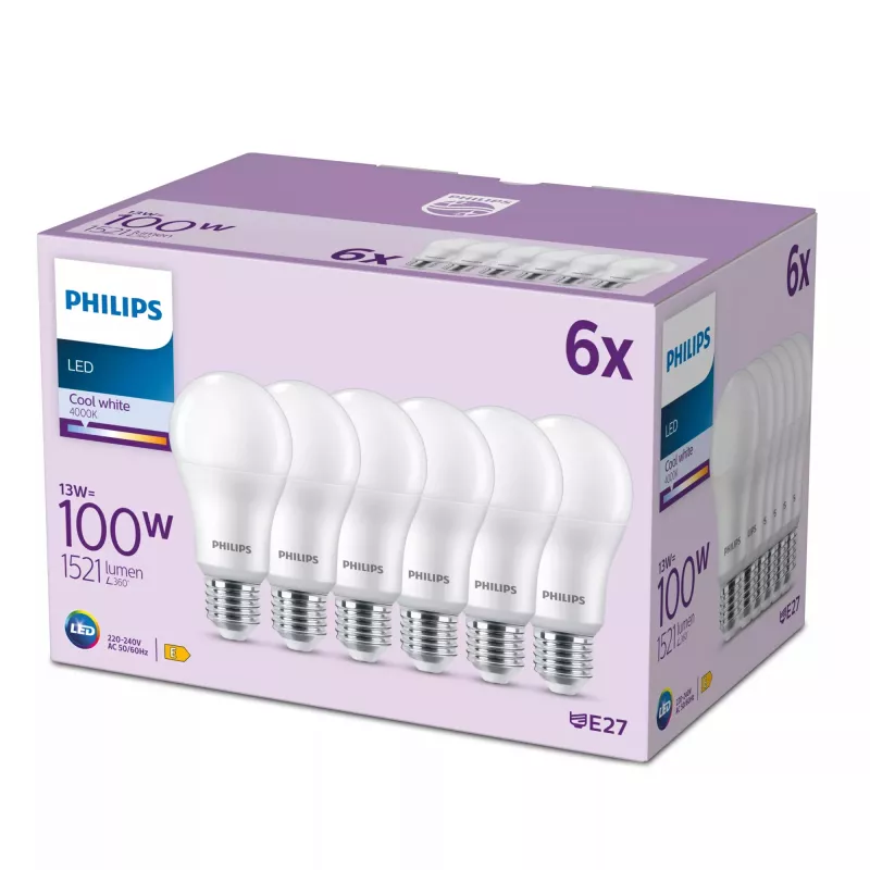 Lámpara LED Signify Philips 13W (equivale a 100W) A67 E27 1521 lm 4000K blanco frío 6 uds.