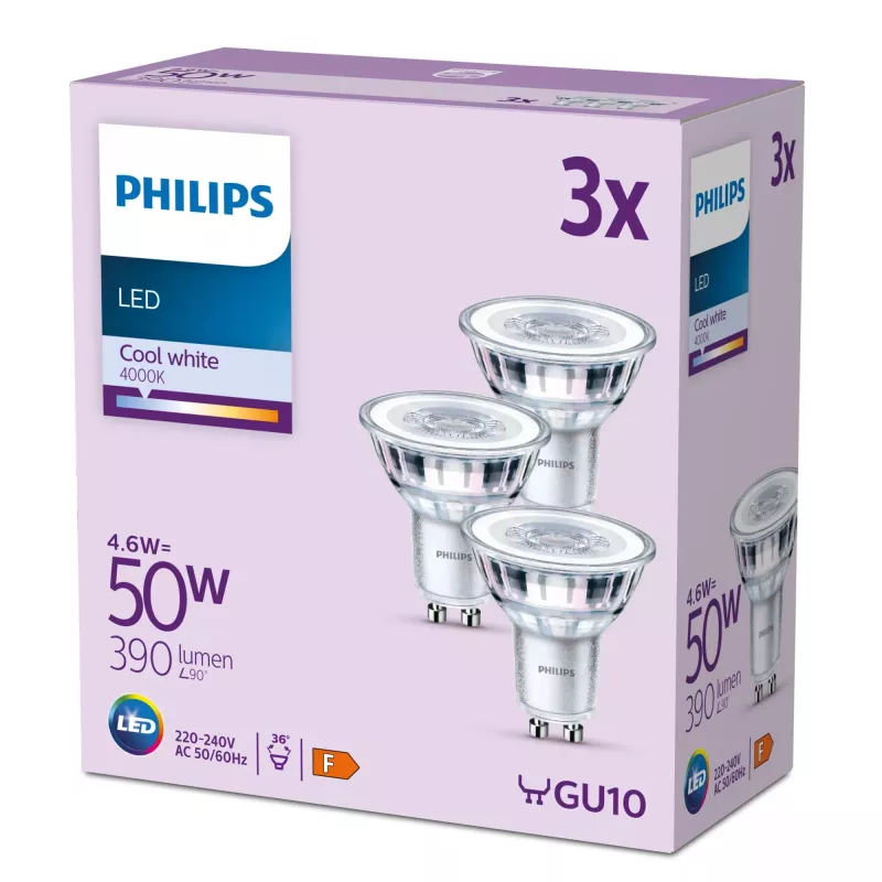 Foco Philips 50W PAR16 GU10 x3, 4,6 W, 50 W, GU10, 390 lm, 15000 h, blanco frío
