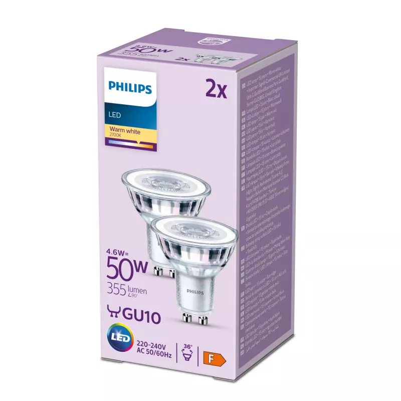 Foco Philips 50W PAR16 GU10 x2, 4,6 W, 50 W, GU10, 355 lm, 15000 h, blanco cálido