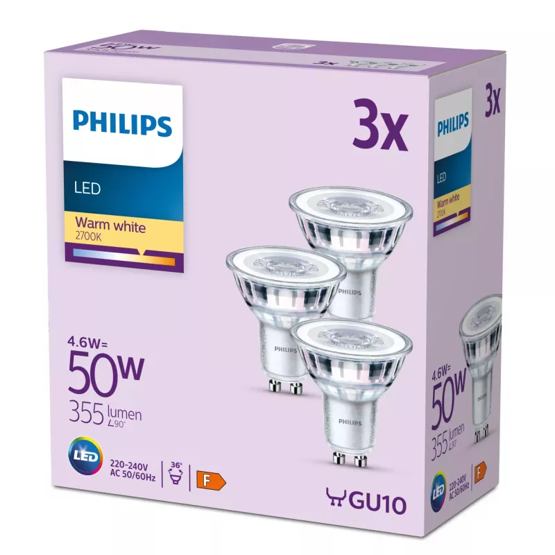 Foco Philips 50W PAR16 GU10 x3, 4,6 W, 50 W, GU10, 355 lm, 15000 h, blanco cálido