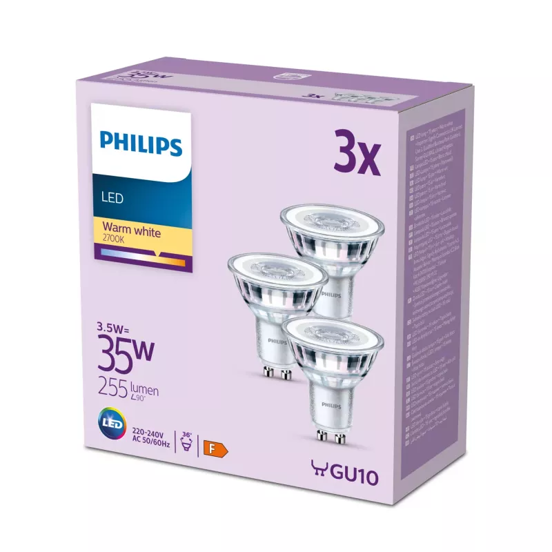 Foco Philips 35W PAR16 GU10 x3, 3,5 W, 35 W, GU10, 255 lm, 15000 h, blanco cálido