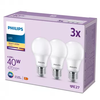 Bombilla Philips 40W A60 E27 x3, 4,9 W, 40 W, E27, 470 lm, 15000 h, blanco cálido