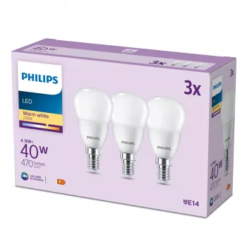 Vela Philips 40W P45 E14 x3, 4,9 W, 40 W, E14, 470 lm, 15000 h, blanco cálido