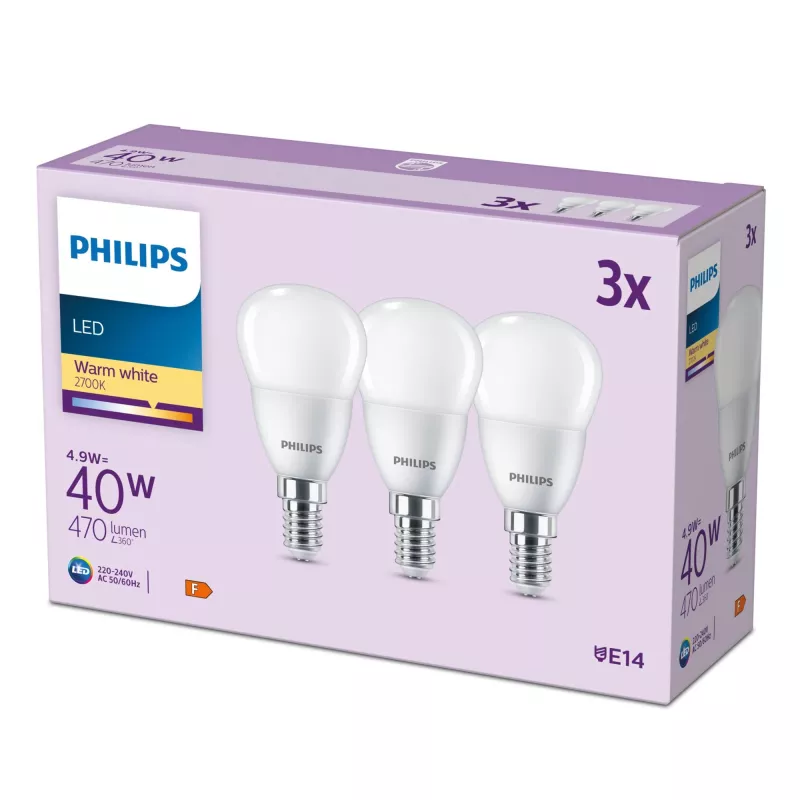 Vela Philips 40W P45 E14 x3, 4,9 W, 40 W, E14, 470 lm, 15000 h, blanco cálido