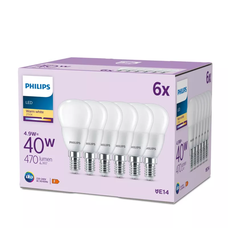 Vela Philips 40W P45 E14 x6, 4,9 W, 40 W, E14, 470 lm, 15000 h, blanco cálido