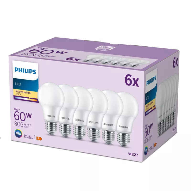 Bombilla Philips 60W A60 E27 x6, 8 W, 60 W, E27, 806 lm, 15000 h, blanco cálido
