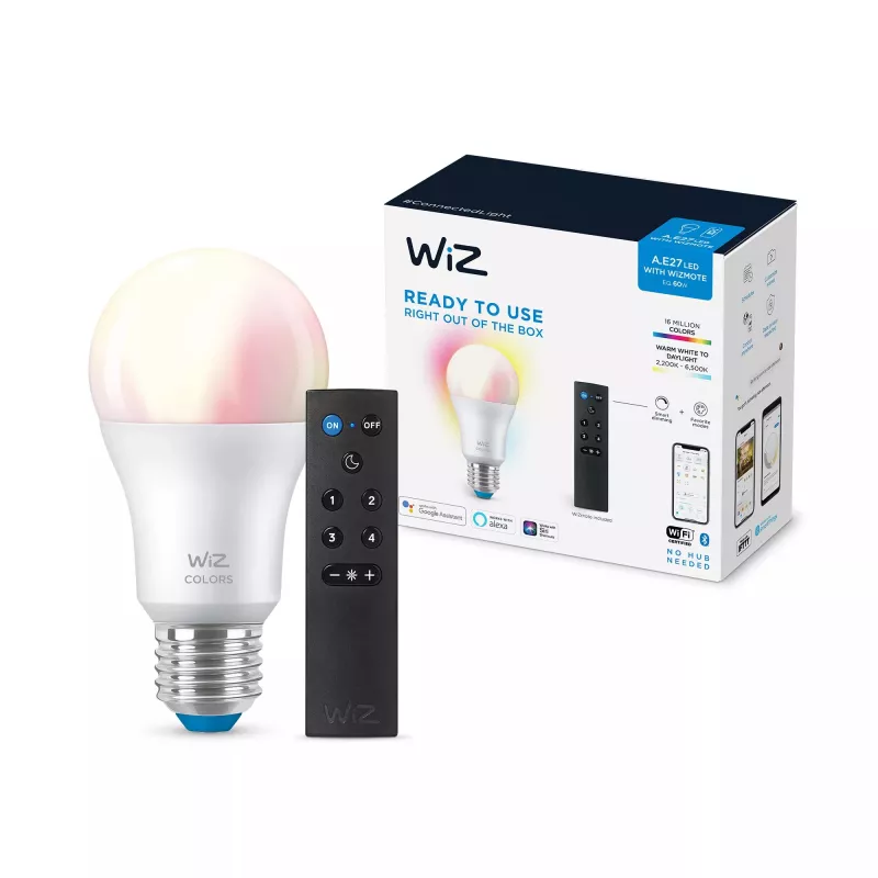 Bombilla WiZ 8W (Eq.60W) A60 E27 x1 + mando a distancia, lámpara inteligente, Wi-Fi/Bluetooth, blanco, Wi-Fi 4 (802.11n), 802.11b, 802.11g, LED, E27