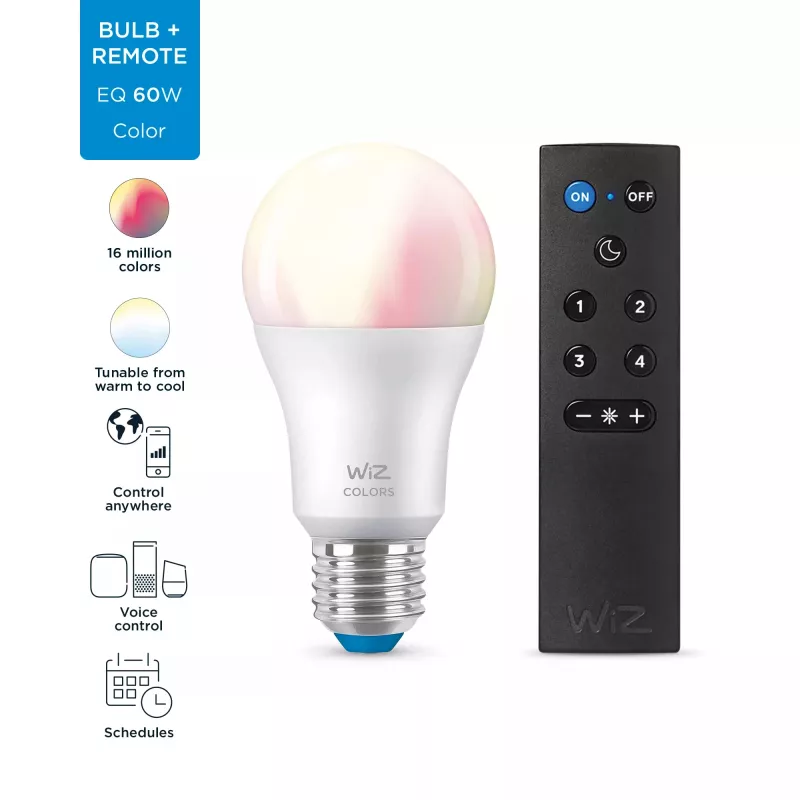 Bombilla WiZ 8W (Eq.60W) A60 E27 x1 + mando a distancia, lámpara inteligente, Wi-Fi/Bluetooth, blanco, Wi-Fi 4 (802.11n), 802.11b, 802.11g, LED, E27