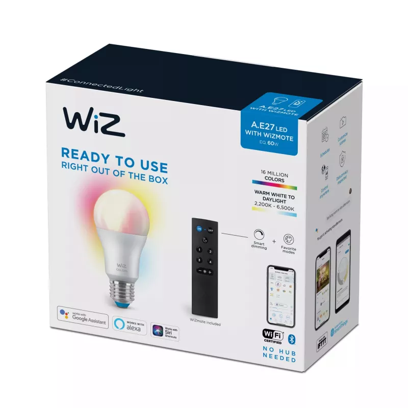 Bombilla WiZ 8W (Eq.60W) A60 E27 x1 + mando a distancia, lámpara inteligente, Wi-Fi/Bluetooth, blanco, Wi-Fi 4 (802.11n), 802.11b, 802.11g, LED, E27