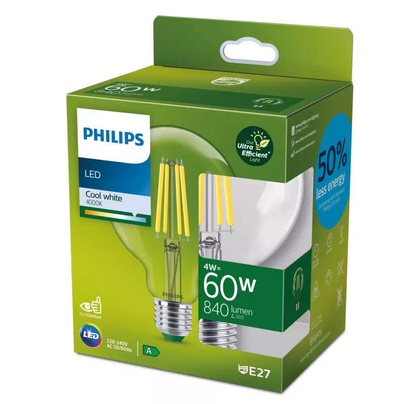Philips Filament Bulb Clear 60W G95 E27, 4 W, 60 W, E27, 840 lm, 50000 h, blanco frío