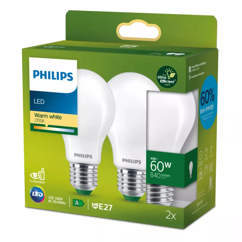 Philips Filament Bulb Frosted 60W A60 E27 4W blanco cálido 840lm
