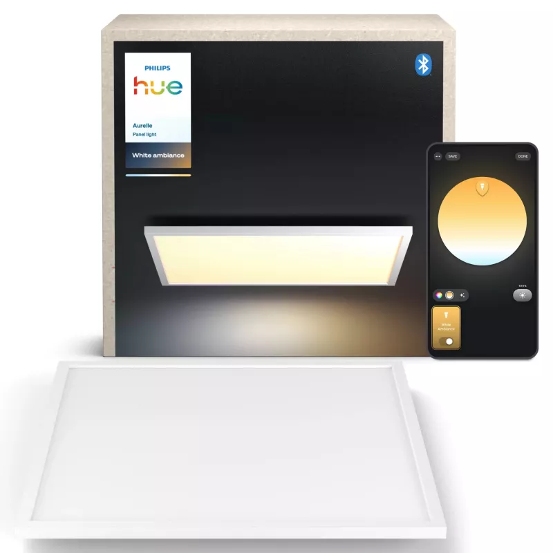 Philips Aurelle lámpara de panel cuadrada, lámpara de techo inteligente, Bluetooth/Zigbee, blanco, LED, aluminio, variable