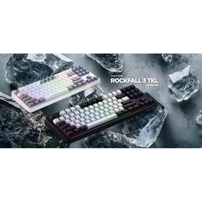 HATOR Rockfall 3 TKL Wireless, negro, QMK/VIA, perfil OMA teclas blanco-negro Teclado — switches mecánicos lineales hotswap — US — distribución ANSI (HTK850)