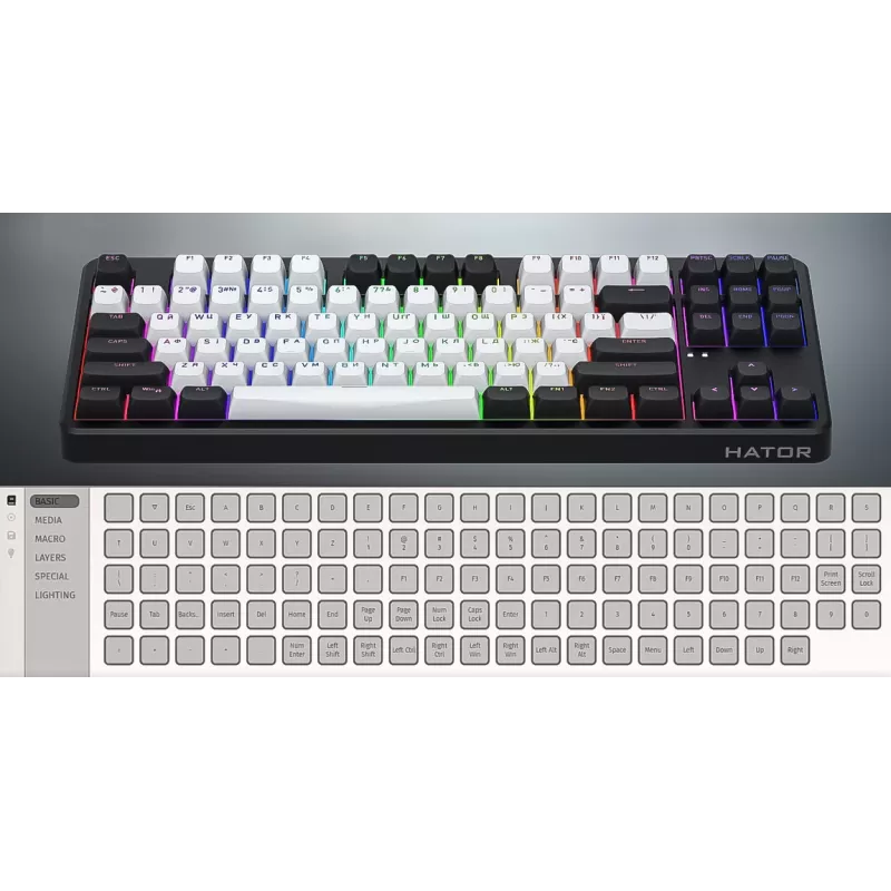 HATOR Rockfall 3 TKL Wireless, negro, QMK/VIA, perfil OMA teclas blanco-negro Teclado — switches mecánicos lineales hotswap — US — distribución ANSI (HTK850)
