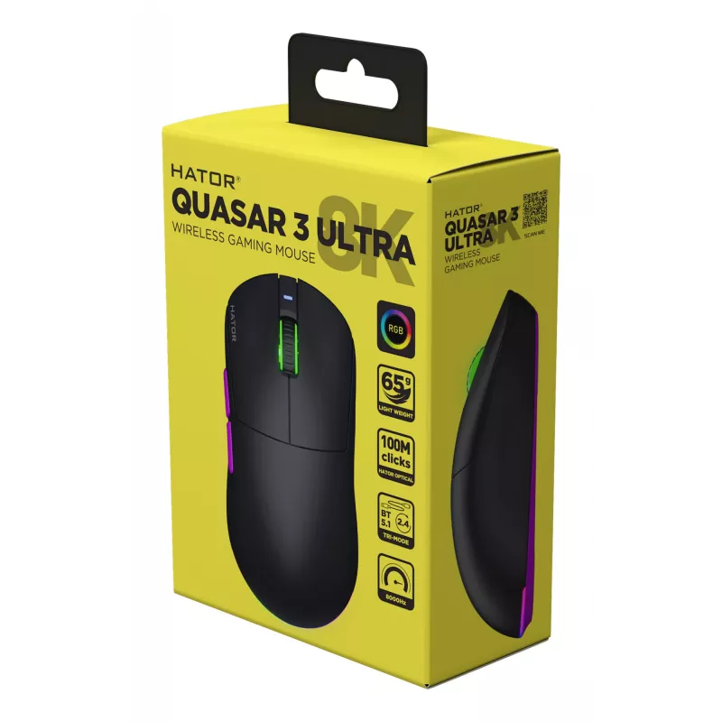 HATOR Quasar 3 Ultra 8K Wireless Ratón gaming ambidiestro RF Wireless + Bluetooth + USB Type-A óptico 30000 DPI