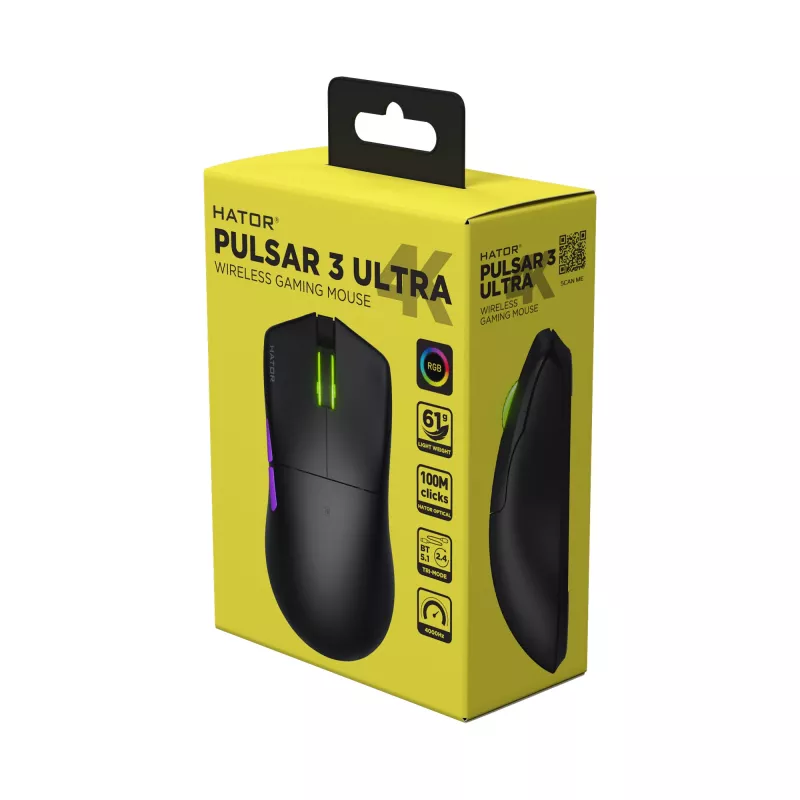 HATOR Pulsar 3 ULTRA 4K Wireless Ratón gaming para diestros RF Wireless + Bluetooth + USB Type-A óptico 30000 DPI