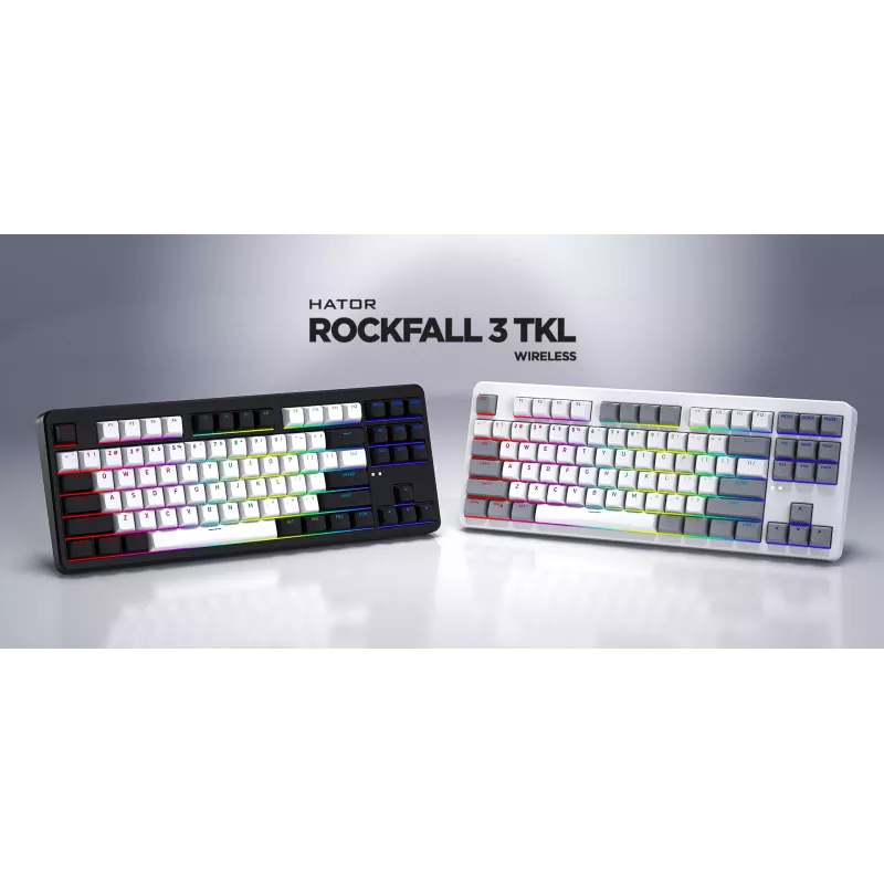 HATOR Rockfall 3 TKL Wireless, blanco, QMK/VIA, perfil OMA teclas blanco-negro Teclado — switches mecánicos lineales hotswap — US — distribución ANSI