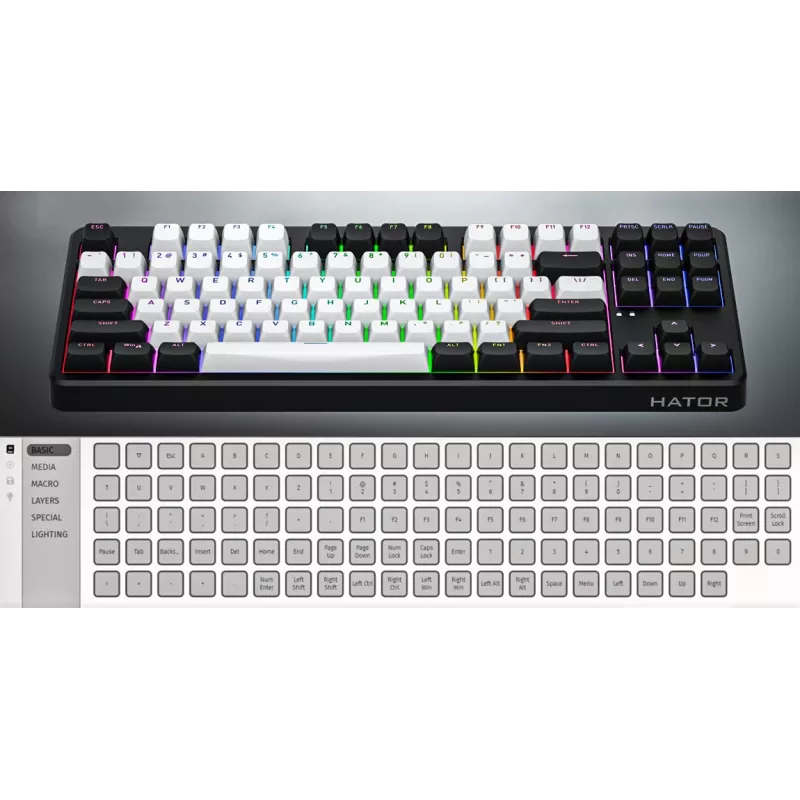 HATOR Rockfall 3 TKL Wireless, blanco, QMK/VIA, perfil OMA teclas blanco-negro Teclado — switches mecánicos lineales hotswap — US — distribución ANSI