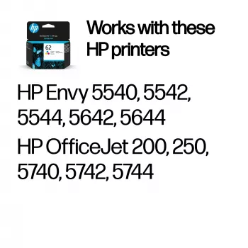 HP 62 cartucho de tinta original tricolor, cian, magenta, amarillo, 1 ud., 165 páginas