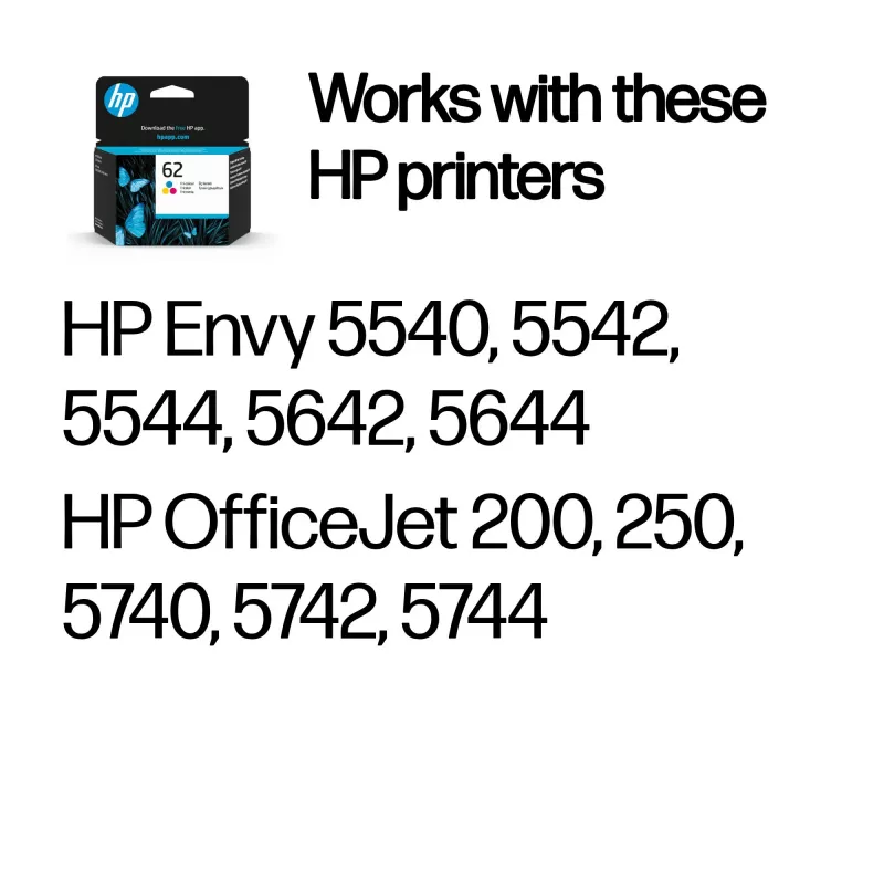 HP 62 cartucho de tinta original tricolor, cian, magenta, amarillo, 1 ud., 165 páginas