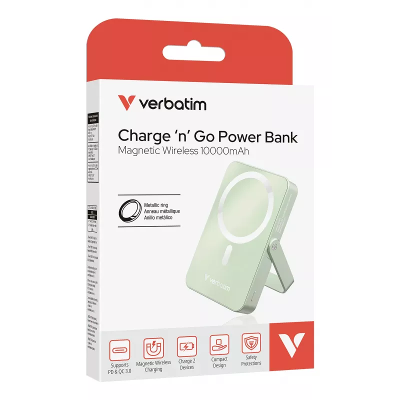 Verbatim Charge 'n' Go batería externa inalámbrica magnética con soporte – 10000 mAh verde