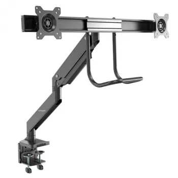 StarTech.com soporte de mesa para dos monitores – soporte VESA ergonómico para doble monitor para pantallas de 32 pulgadas (8 kg) – barra transversal con asa para movimiento completo sincronizado – altura ajustable – pinza en C/pasacables