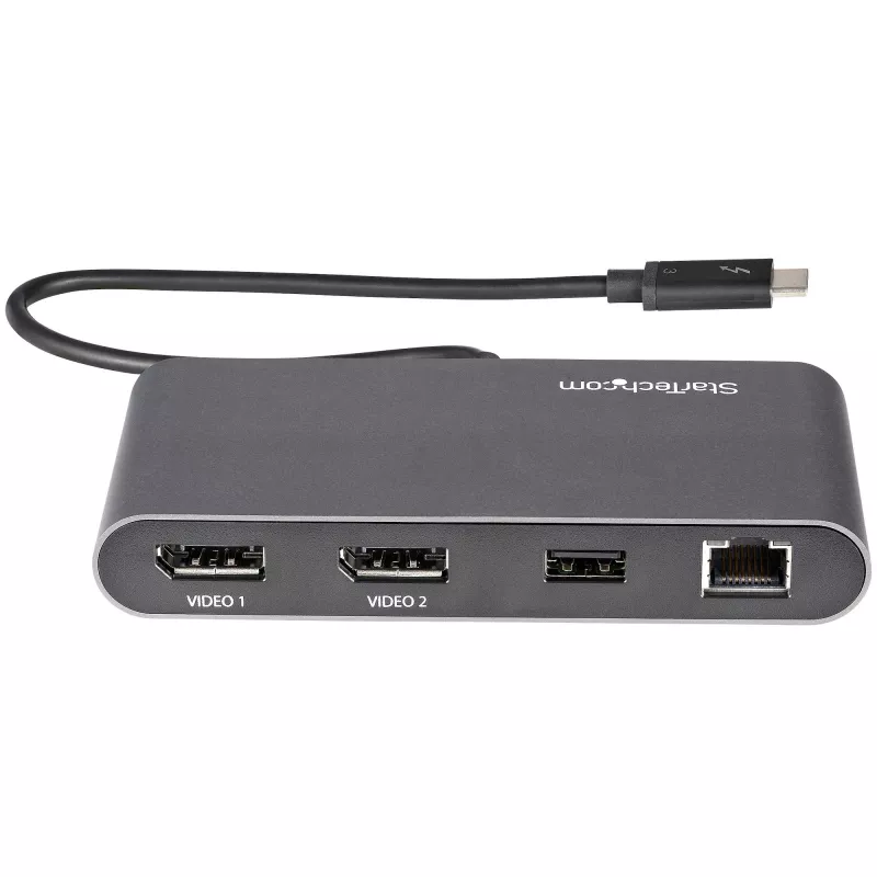 StarTech.com dock Mini Thunderbolt para doble monitor, DisplayPort 4K 60Hz, hub sin controladores para Windows y Mac, Gigabit Ethernet, 1x USB-A (USB 5Gbps), cable de 11in (28cm)