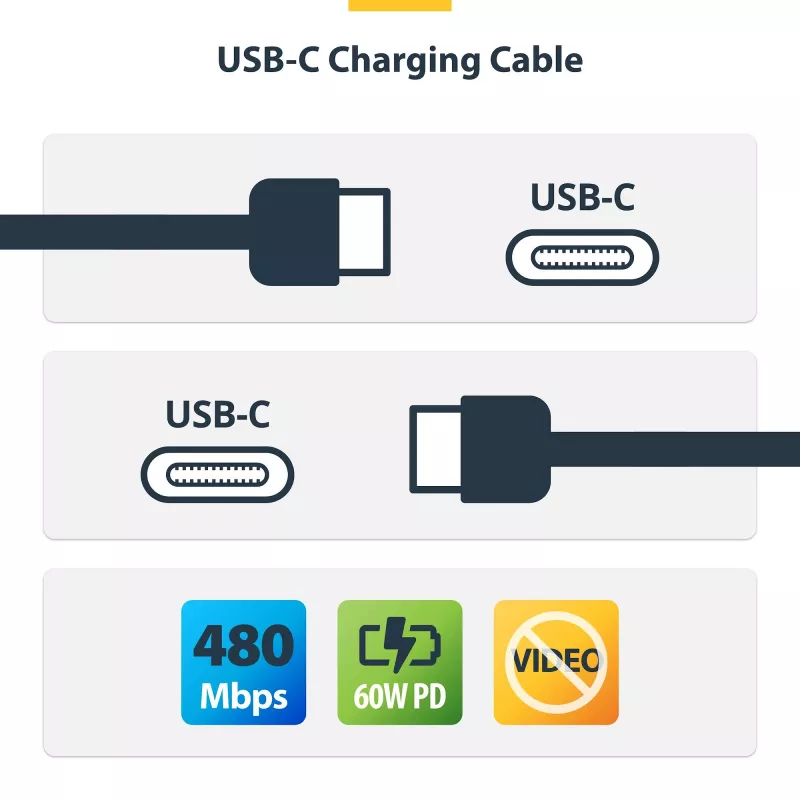 StarTech.com cable de carga USB-C de 1 m (3,3 ft), pack de 2, cable USB-C, cable de carga para portátil USB 2.0 Type-C, 60 W 3 A Power Delivery, funda TPE, cable de transferencia de datos USB-C, M/M